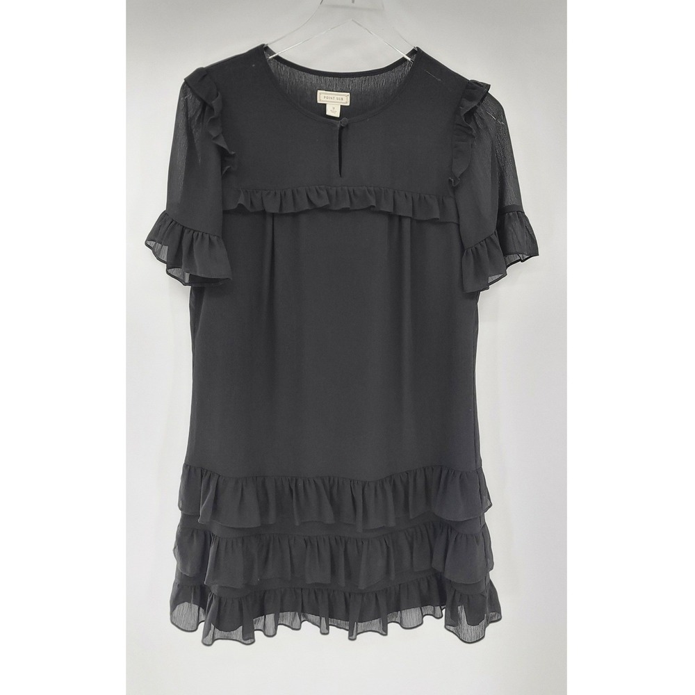 J. Crew POINT SUR Black Ruffle Tiered Chiffon Dress Size 2‎ Sheer Short Sleeve